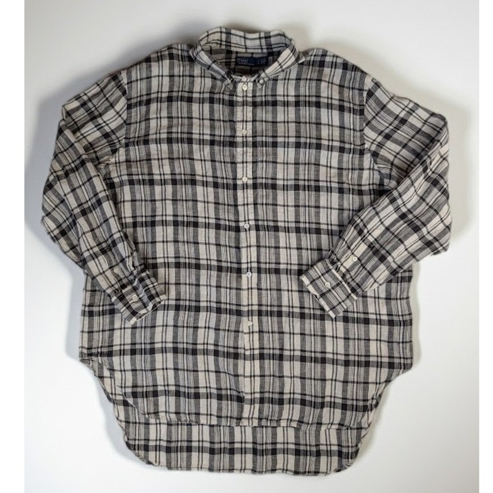 Polo Ralph Lauren Button Down 100% Linen Shirt Men's L Black White Plaid Preppy